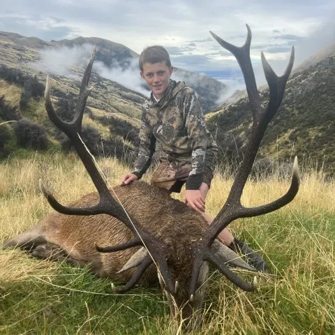 deer and person sat with it on a hunting trip in central otago new zealand